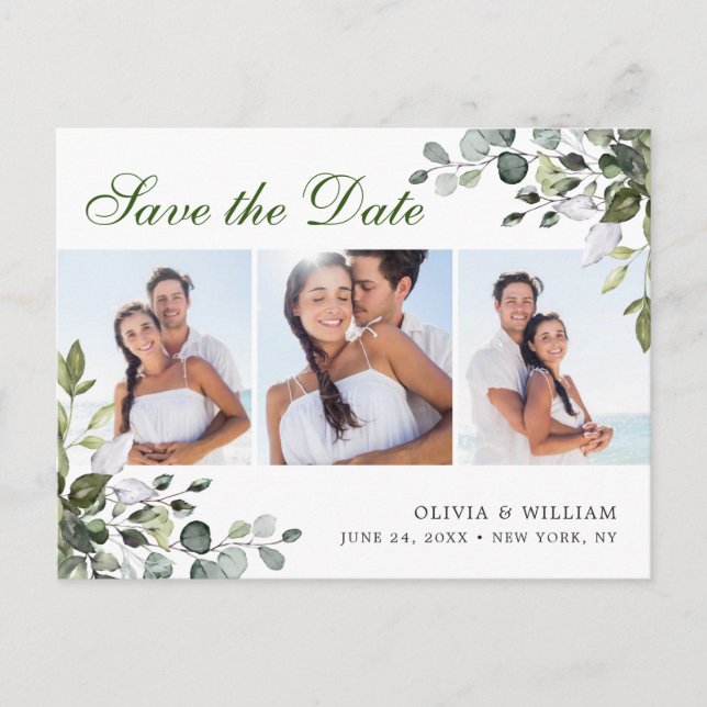 Elegant Eucalyptus PHOTO Wedding Save the Date Postcard (Front)