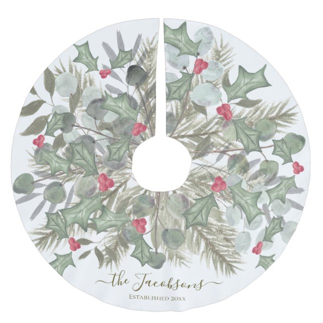 Elegant Eucalyptus Pine and Holly Christmas Brushed Polyester Tree Skirt (Front)