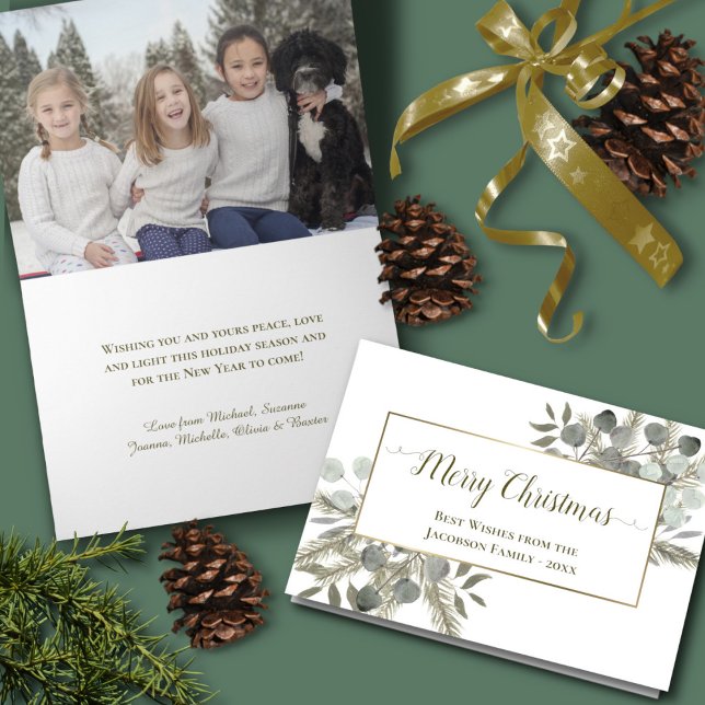 Elegant Eucalyptus & Pine Merry Christmas Holiday Card (In Situ Front/Inside)