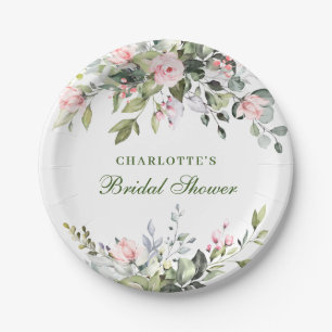 Elegant Eucalyptus Pink Blush Roses Bridal Shower Paper Plate