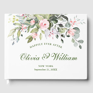 Elegant Eucalyptus Pink Blush Roses Floral Wedding Guest Book