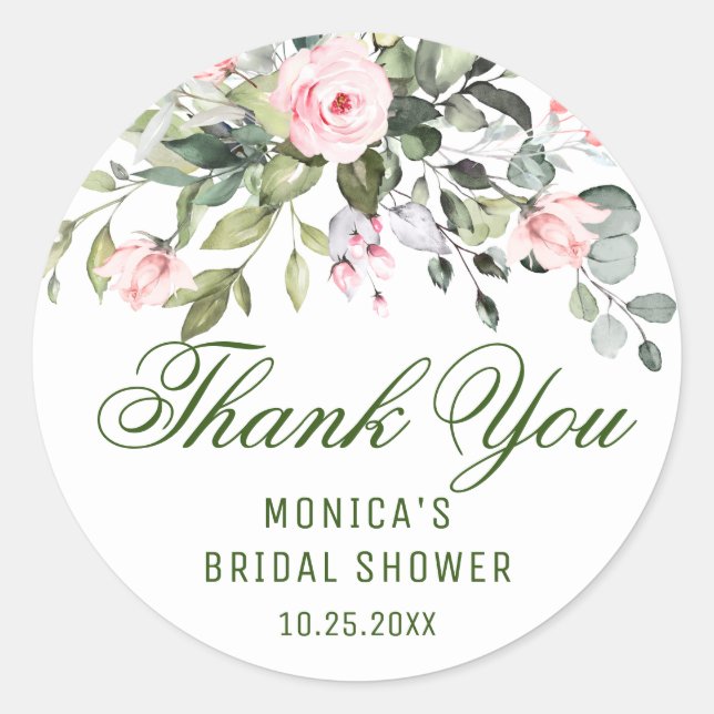Elegant Eucalyptus Pink Blush Roses Thank You Classic Round Sticker (Front)