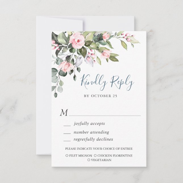 Elegant Eucalyptus Pink Blush Roses Wedding RSVP Card (Front)