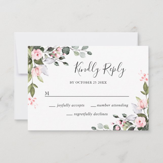 Elegant Eucalyptus Pink Blush Roses Wedding RSVP Card (Front)