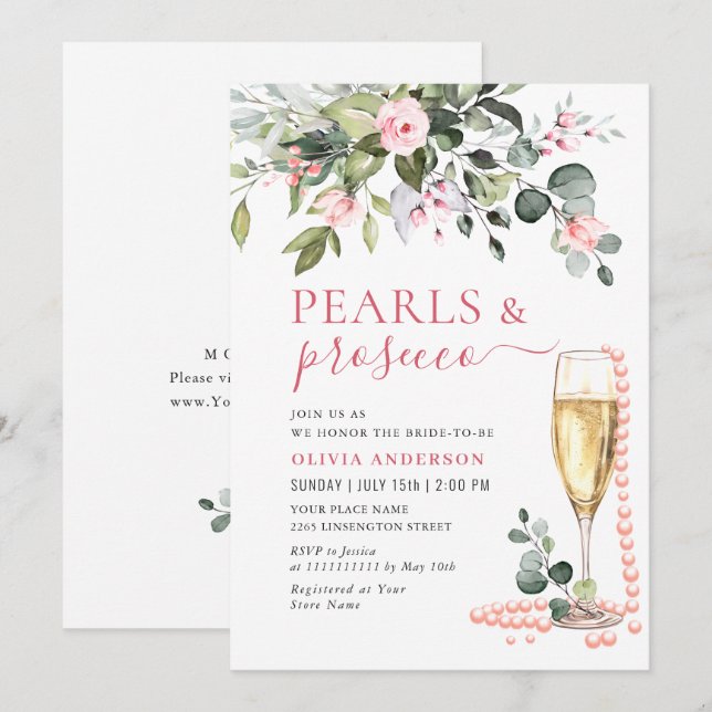 Elegant Eucalyptus Pink Flowers PEARLS & Prosecco Invitation (Front/Back)