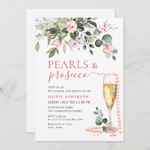 Elegant Eucalyptus Pink Flowers PEARLS & Prosecco Invitation