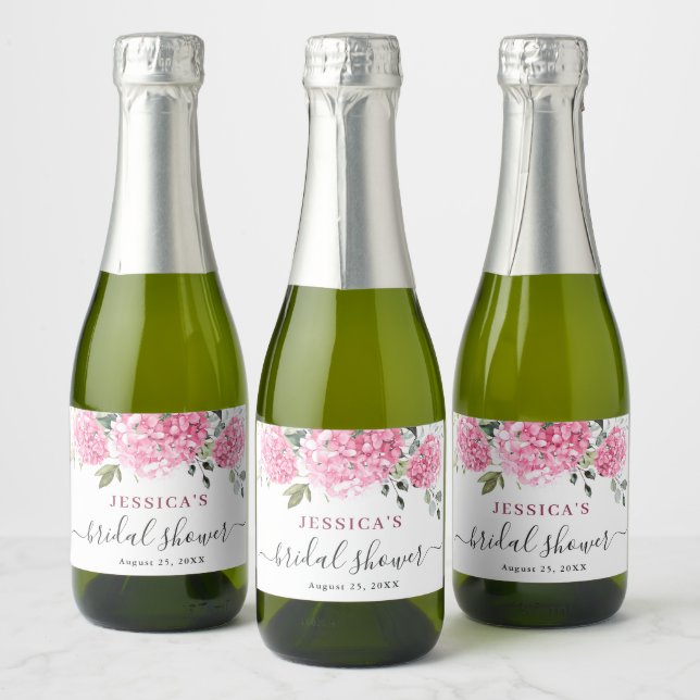 Elegant Eucalyptus Pink Hydrangea Bridal Shower Sparkling Wine Label (Bottles)