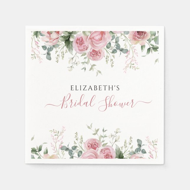 Elegant Eucalyptus & Pink Roses Invite Napkin (Front)