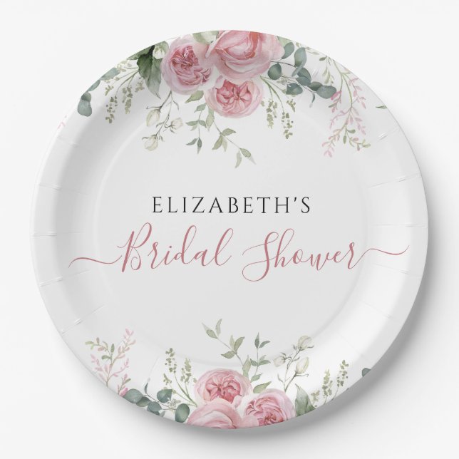 Elegant Eucalyptus & Pink Roses Invite Paper Plate (Front)