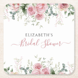 Elegant Eucalyptus & Pink Roses Invite Square Paper Coaster