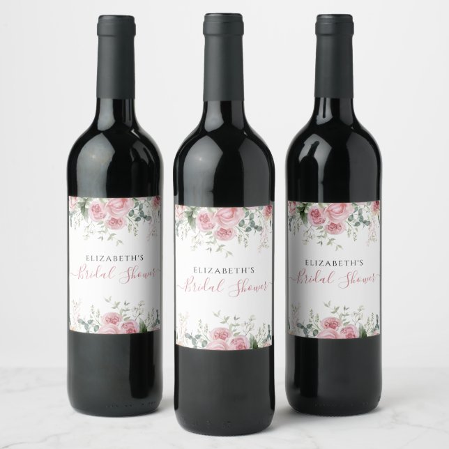 Elegant Eucalyptus & Pink Roses Invite Wine Label (Bottles)