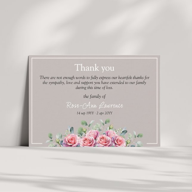 Elegant eucalyptus pink roses sympathy funeral thank you card (Pink roses eucalyptus thank you card, family sympathy. Taupe and cream color)