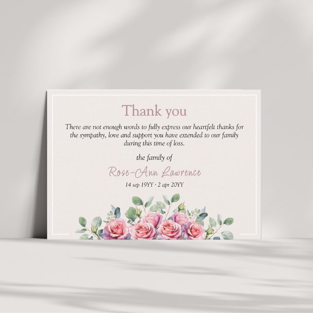 Elegant eucalyptus pink roses sympathy funeral thank you card (Elegant cream ivory thank you card. Pink roses and sage green eucalyptus leaves. memorial service)