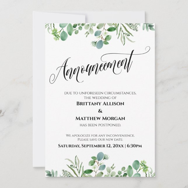 Elegant Eucalyptus Postponed Wedding Announcement (Front)