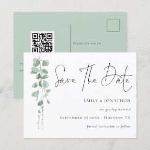 Elegant Eucalyptus QR Code Script Save The Date Postcard