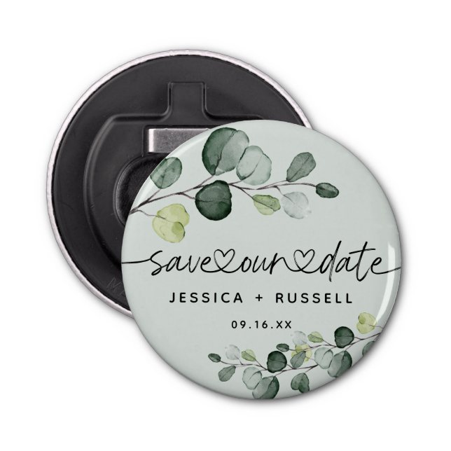 Elegant Eucalyptus Save Our Date Wedding Bottle Opener (Front)
