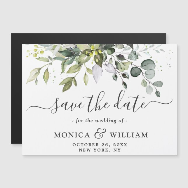 Elegant Eucalyptus Save the Date Magnetic Card (Front/Back)