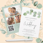 Elegant Eucalyptus Script 3 photo QR Code Wedding Invitation<br><div class="desc">Elegant Eucalyptus Script 3 photo QR Code Wedding. A set handwriting style script for Wedding and the rest of the text on both sides you can easily personalise. An elegant branch of watercolor green with a hint of gold eucalyptus leaves flows across from the top right for a contemporary feel....</div>