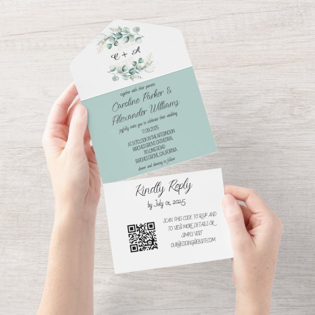 Elegant Eucalyptus Script Modern RSVP QR Code  All In One Invitation (Tearaway)
