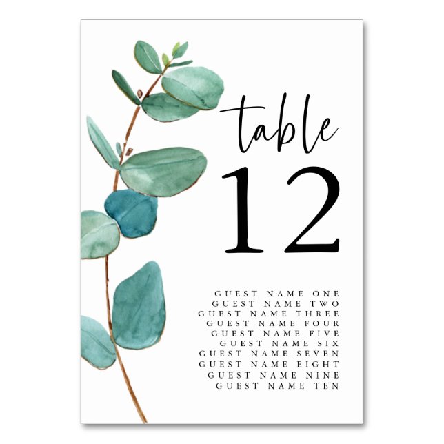 Elegant Eucalyptus Script Wedding Guest names Table Number (Front)