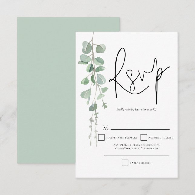 Elegant Eucalyptus Script Wedding RSVP  Card (Front/Back)