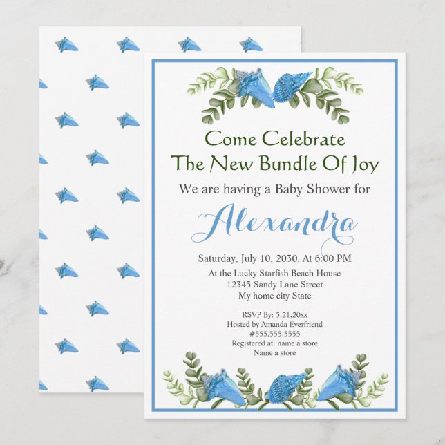 Elegant Eucalyptus Seashell Baby Shower invitation (Front/Back)