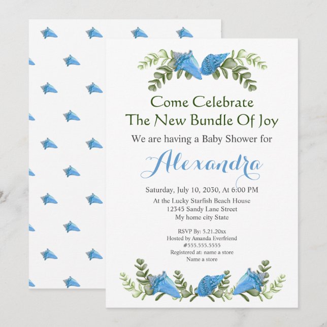 Elegant Eucalyptus Seashell Baby Shower invitation (Front/Back)