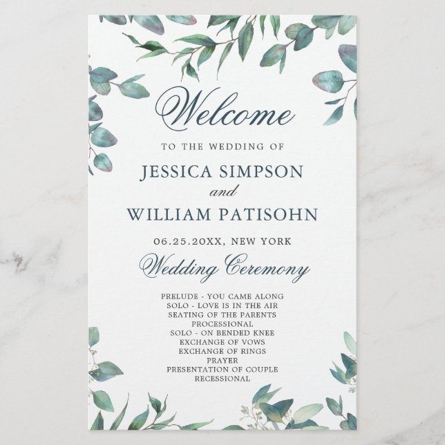 Elegant Eucalyptus Simple Wedding Ceremony Program (Front)