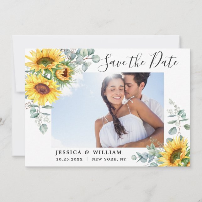 Elegant Eucalyptus Sunflower Floral Wedding Save T Save The Date (Front)