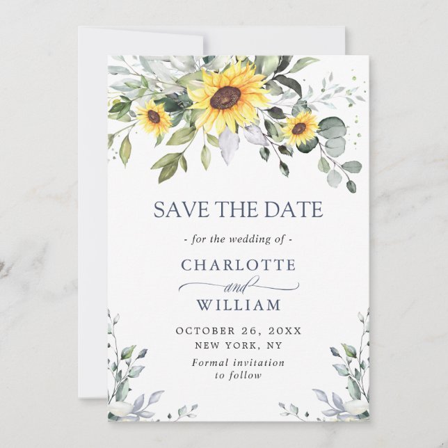 Elegant Eucalyptus Sunflower Floral Wedding Save The Date (Front)