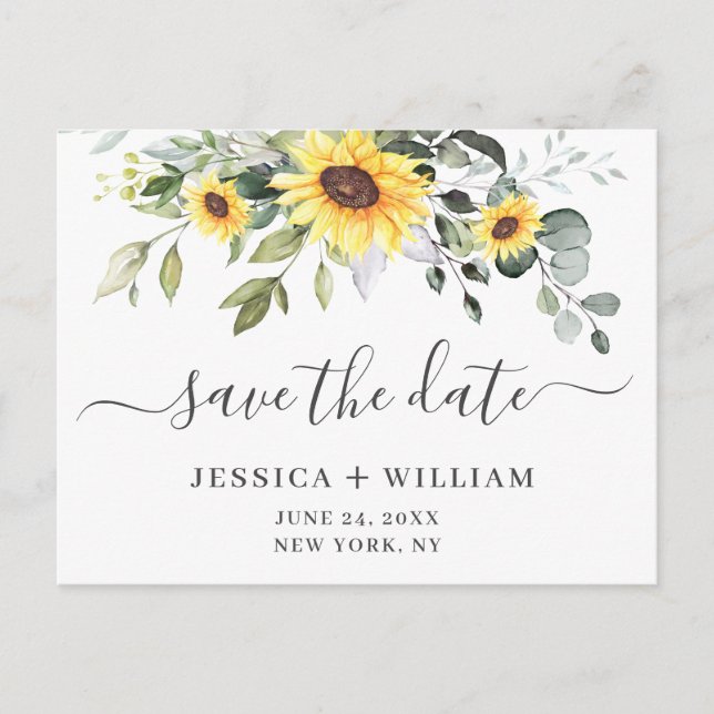 Elegant Eucalyptus Sunflower Wedding Save the Date Postcard (Front)