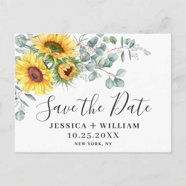 Elegant Eucalyptus Sunflower Wedding Save the Date Postcard (Front)