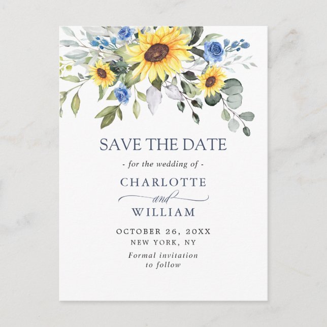 Elegant Eucalyptus Sunflower Wedding Save the Date Postcard (Front)