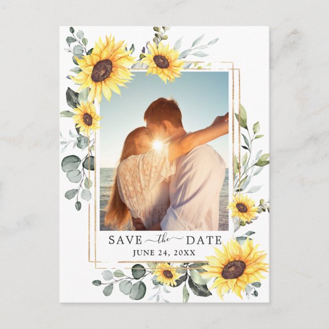 Elegant Eucalyptus Sunflower Wedding Save the Date Postcard (Front)