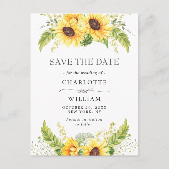 Elegant Eucalyptus Sunflower Wedding Save the Date Postcard (Front)
