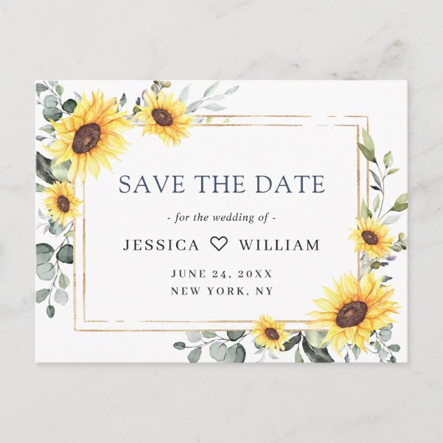 Elegant Eucalyptus Sunflower Wedding Save the Date Postcard (Front)