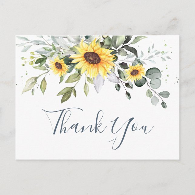 Elegant Eucalyptus Sunflowers Floral Thank You Postcard (Front)