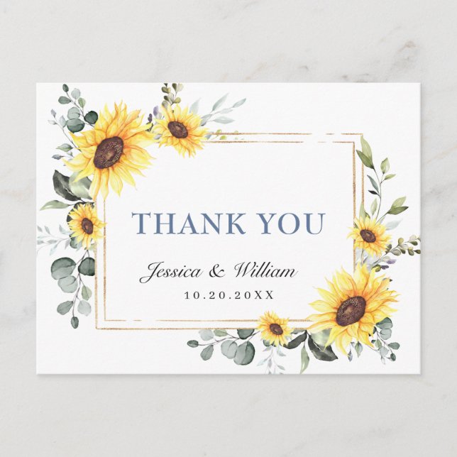Elegant Eucalyptus Sunflowers Floral Thank You Postcard (Front)