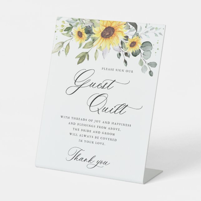 Elegant Eucalyptus Sunflowers Wedding Guest Quilt Pedestal Sign (Front)