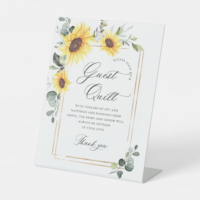 Elegant Eucalyptus Sunflowers Wedding Guest Quilt Pedestal Sign (Front)