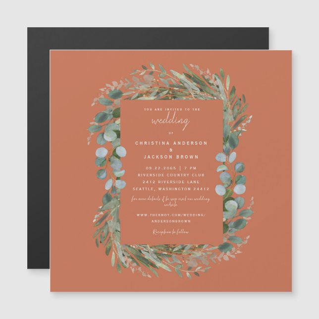 Elegant  Eucalyptus Terracotta Wedding Magnetic Magnetic Invitation (Front/Back)