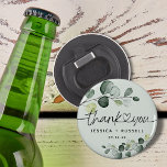 Elegant Eucalyptus Thank You Wedding Bottle Opener<br><div class="desc">Dusty light green with watercolor eucalyptus leaves bottle opener with thank you with heart connecting and name and date. Perfect idea for wedding favours or gifts for guests for any occasion.</div>