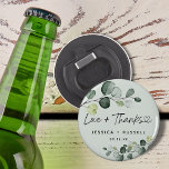 Elegant Eucalyptus Thank You Wedding Bottle Opener<br><div class="desc">Dusty light green with watercolor eucalyptus leaves bottle opener with love & thanks,  name and date. Perfect idea for wedding favours or gifts for guests for any occasion.</div>