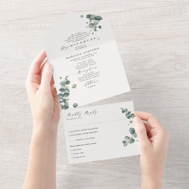 Elegant Eucalyptus Traditional Wording Quinceañera All In One Invitation (Tearaway)