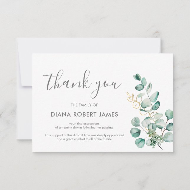 Elegant Eucalyptus Typography Sympathy Thank You Card (Front)