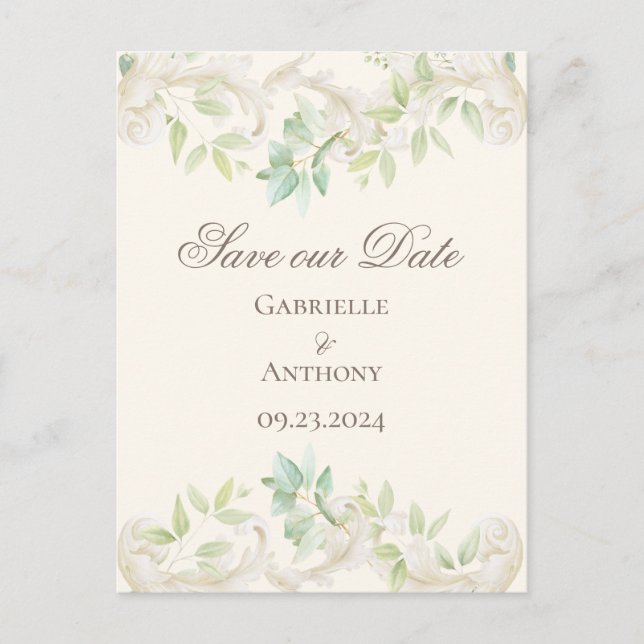 Elegant Eucalyptus Vintage Rustic Save the Date Postcard (Front)