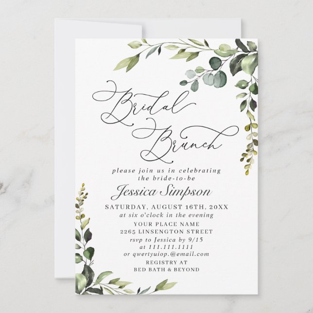 Elegant Eucalyptus Watercolor Bridal Brunch Invitation (Front)