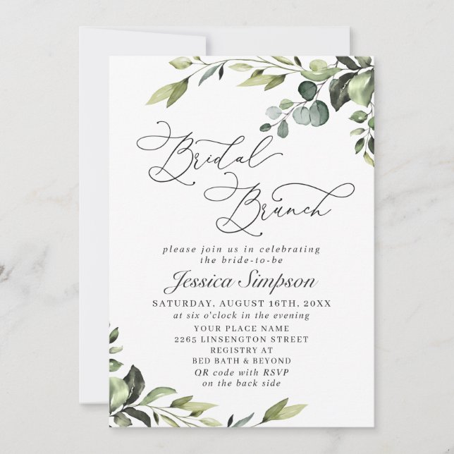 Elegant Eucalyptus Watercolor Bridal Brunch Invitation (Front)