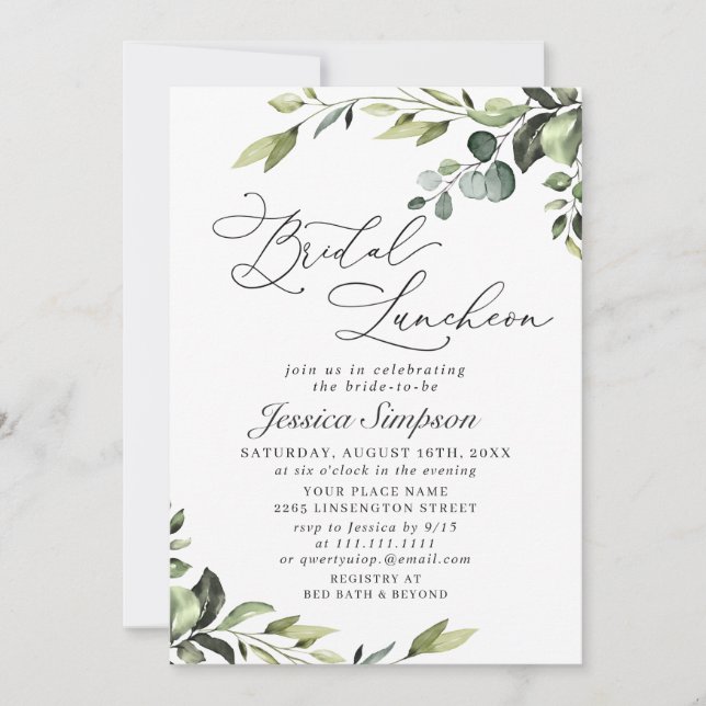 Elegant Eucalyptus Watercolor Bridal Luncheon Invitation (Front)