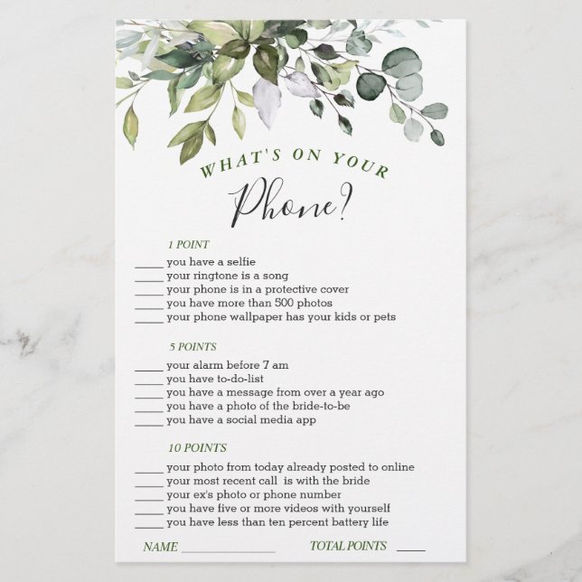 Elegant Eucalyptus Watercolor Bridal Shower Game (Front)
